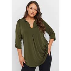 Polyester - Women Blouses Yours Collared Pleat Front Swing Top - Khaki Green