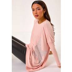 Boat Neck Tops Roman Embellished Star Print Longline Jumper - Light Pink