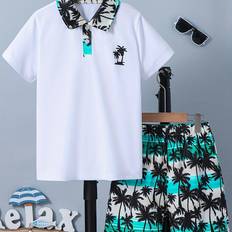 Boys - Green Shirts Temu Boys' Short Sleeve Shirt With Collar And Shorts Set - Summer