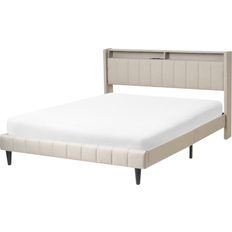 Electronic Beds Beliani King Size 5ft3 with Storage Headboard with USB LED Lights Beige Frame Bed