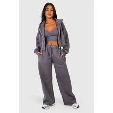 boohoo Seam Detail Crop Top 3 Piece Hooded Tracksuit - Grey