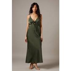 Green - Long Dresses Warehouse Satin Strappy Tie Front Maxi Slip Dress - Dark Olive