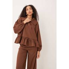 Peplum Hem Puff Sleeve Blouse - Brown Stripe