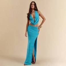 Blue Swimsuit Cover-Ups & Sarong Wraps Shein Solid Color Crochet Halter Neck Beach Vest Set