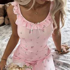 Pink - Women Nightgowns Shein Floral Jacquard Knit Nightgown With Ruffle Trim Bow Decor