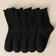 5XL Socks Shein Elastic Floral Edge Striped Mid Calf Socks - Black