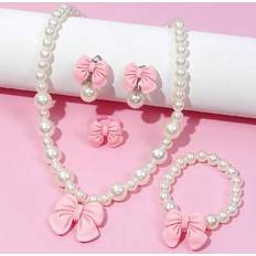 Children Jewellery Sets Shein Pink Necklace Set With Cute Bowknot - Multicolor