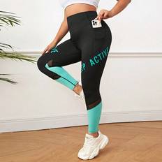 Multicoloured - Sportswear Garment Tights & Stay-Ups Shein Plus Letter Graphic Colourblock Contrast Mesh Phone Pocket Leggings