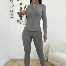 Suits on sale Shein Plain Zip Front Bodycon Two Piece Set