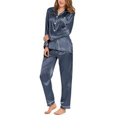 Swomog Silk Satin Pajamas Long Sleeve Loungewear Set - Deep Grey