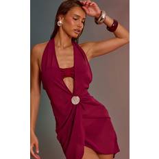PrettyLittleThing Ruched Halter Neck Mini Beach Dress - Magenta