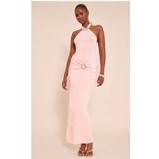 Silk Dresses PrettyLittleThing Blush Pink Trim Detail Wrap Halterneck Maxi Dress - Pink