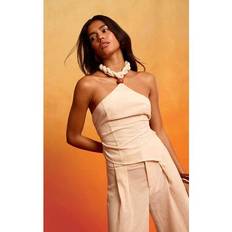 Linen Tank Tops PrettyLittleThing Look Plaited Tailored Halterneck Top - White