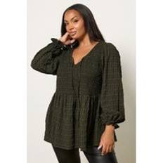 Yours Curve Khaki Green Check Peplum Top - Light Khaki