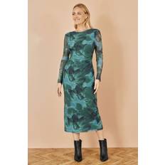 Long Dresses Yumi Floral Tie Back Mesh Bodycon Dress - Green