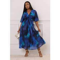 Long Dresses - Short Sleeves Yours Abstract Print Knot Front Maxi Dress - Blue
