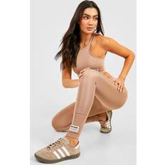Beige - Women Leggings boohoo Woven Label Detail Gym Leggings - Beige