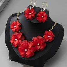 Red Jewellery Sets Temu An Elegant And Sweet Acrylic Flower Necklace Earring Set - For Women
