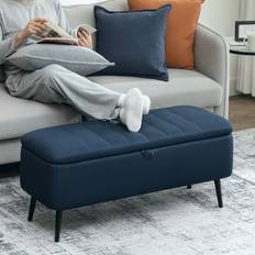 Blue Storage Benches Homcom Ottoman Linen Fabric Dark Blue Storage Bench
