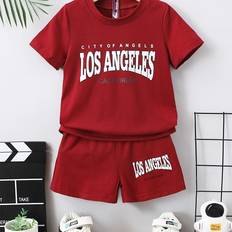 Red Other Sets Temu Boys' Los Angeles Letter Summer Set Short Sleeve - Outdoor