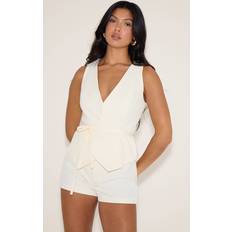 PrettyLittleThing Cream Woven Tie Waist Waistcoat Playsuit