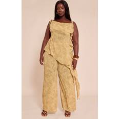 Chiffon Trousers & Shorts PrettyLittleThing Plus Abstract Print Chiffon Straight Leg Chartreuse