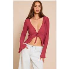 Wide Blouses PrettyLittleThing Plisse Tie Front Flute Sleeve Blouse - Purple
