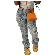 Shein Dollsgirl Women's Casual Jeans Y2K Streetwear 90s Slant Pockets High Stretchy Distressed Frayed Unique Tassel Hip Hop Denim Pants Vacation Festival