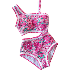 Florals Swimwear Shein Girls One-Piece Swimsuit With Tiny Ditsy Floral And Ruffle Trim