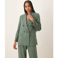 Mango Pure Linen Oversized Double Breasted Blazer - Sage Green