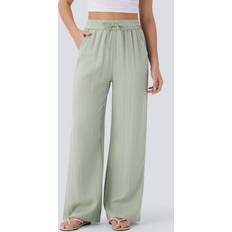 Halara High Waisted Drawstring Pocket Wide Leg Casual Linen-Feel Pants
