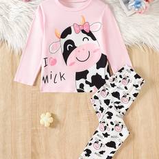 24-36M - Girls Pyjamases Temu Girls Cute Pink Cow Print Pajama Set 2pcs - Casual