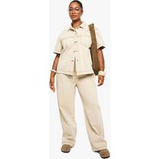 Beige - Women Jeans boohoo Plus Cotton Twill Drawstring Detail Straight Leg Jean - Beige