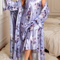 Blommiga Nattlinnen Temu Plus Size Floral Print Nightgown With Suspender Pajama Set