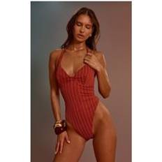 Stripes Swimsuits PrettyLittleThing Rust Striped Textured Underwired Swimsuit - Orange