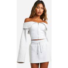 Grey - Women Suits boohoo Bardot Off The Shoulder Zip Through Sweatshirt Set - Grey