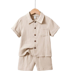 Shein pcs Young Boy Casual Simple College Style Cotton Short Sleeve Shirt And Shorts Set Suitable For Daily Wear College Travel Playgrounds And SpringSummer