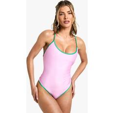Pink - Sportswear Garment Swimwear boohoo Contrast Binding Strappy Swimsuit - Pink