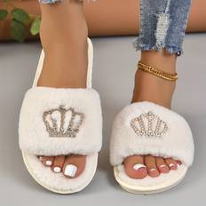 Open Toe Slippers Temu Rhinestone Decor Fuzzy Slippers Open Toe Soft Sole Plush Flat Shoes
