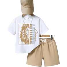 Shein Young Boy Letter Print Short Sleeve T-Shirt And Shorts Summer Outfit Set