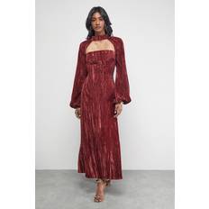 Velvet Clothing Warehouse Crinkle Velvet Cutout Blouson Sleeve Midi Dress - Red