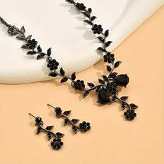 Black Jewellery Sets Shein 3pcs Earrings Plus Necklace Dainty Jewelry Set Flower Design - Inlaid Black