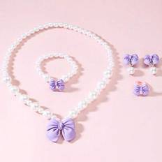 Children Jewellery Sets Shein Kids Cute Bow Faux Pearl Necklace Bracelet Earrings - Gift For Girls