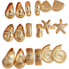 Gold - Men Earrings Shein 6/18pcs Fashionable Starfish, Seashell, Smooth Water Drop, Textured C-Shape Earrings Set, Suitable For Summer Travel & Vacation Wear