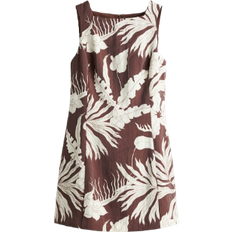 H&M Square Neck Twill Dress - Dark Brown/Floral