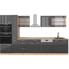 Meubles de Cuisine Vicco Cuisine R-Line, Anthracite brillant/Chêne doré 350 cm avec armoire haute, sans plan de travail