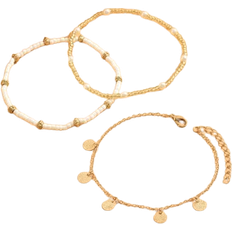Shein 3pcs/set Simple Gold-tone Circular Pendant Tassel Beaded Anklet For Women, Suitable For Daily Wear And Vacation
