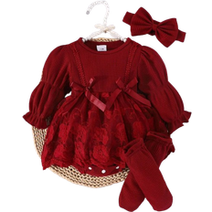 Shein 1 Set Baby Girl Elegant & Luxurious Long Sleeve Mesh Contrast Romper + Headband + Socks, Autumn/Winter