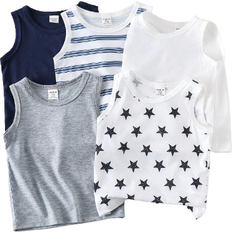 Shein Baby Boys Basic Striped Solid & Star Pattern Round Neck Sleeveless Tops - Summer