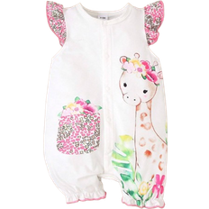 12-18M Playsuits Children's Clothing Shein Baby Girl Casual White Printed Giraffe Romper, Summer